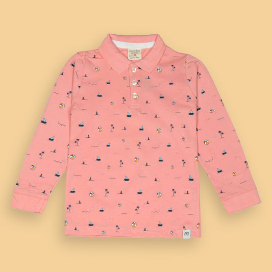 Ollypop Boys’ Pink Full Sleeve Collar T-Shirt – Breathable Pre-Winter & Monsoon Essential with All-Over Beach Vibes Print