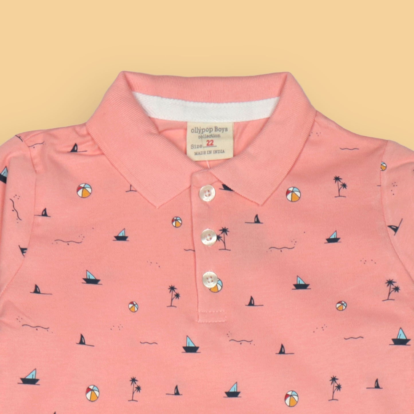 Ollypop Boys’ Pink Full Sleeve Collar T-Shirt – Breathable Pre-Winter & Monsoon Essential with All-Over Beach Vibes Print