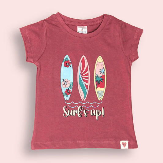 Ollypop Pink Sinker Knit Half Sleeves Top with Surf's Up Text Print