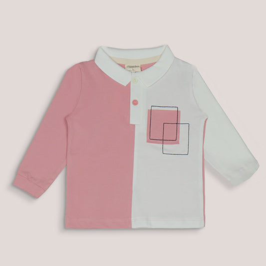 Ollypop Boys’ Pink Full Sleeve Collar T-Shirt – Basic Breathable Winter & Monsson Essential with Color Blocked Design