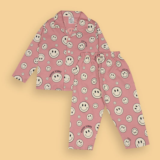 Ollypop Unisex Pink Full Sleeve Smiley Print Night Suit with Full Length Pyjamas