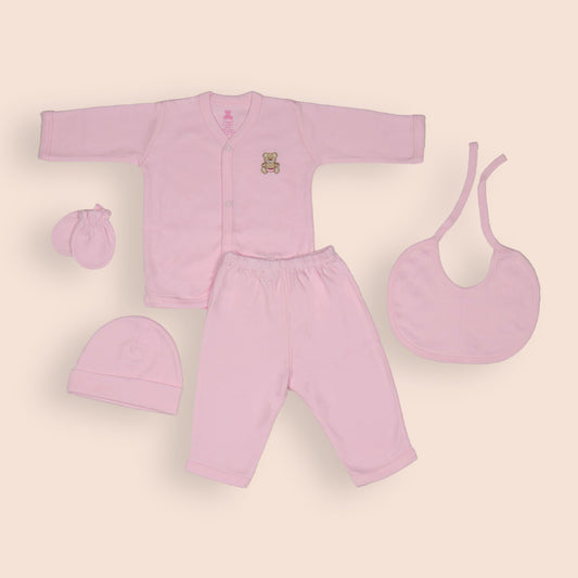 Pink Cotton Newborn Baby Gift Set – Full Sleeve Button-Up Top, Elastic Waist Pants, Bib, Cap & Mittens