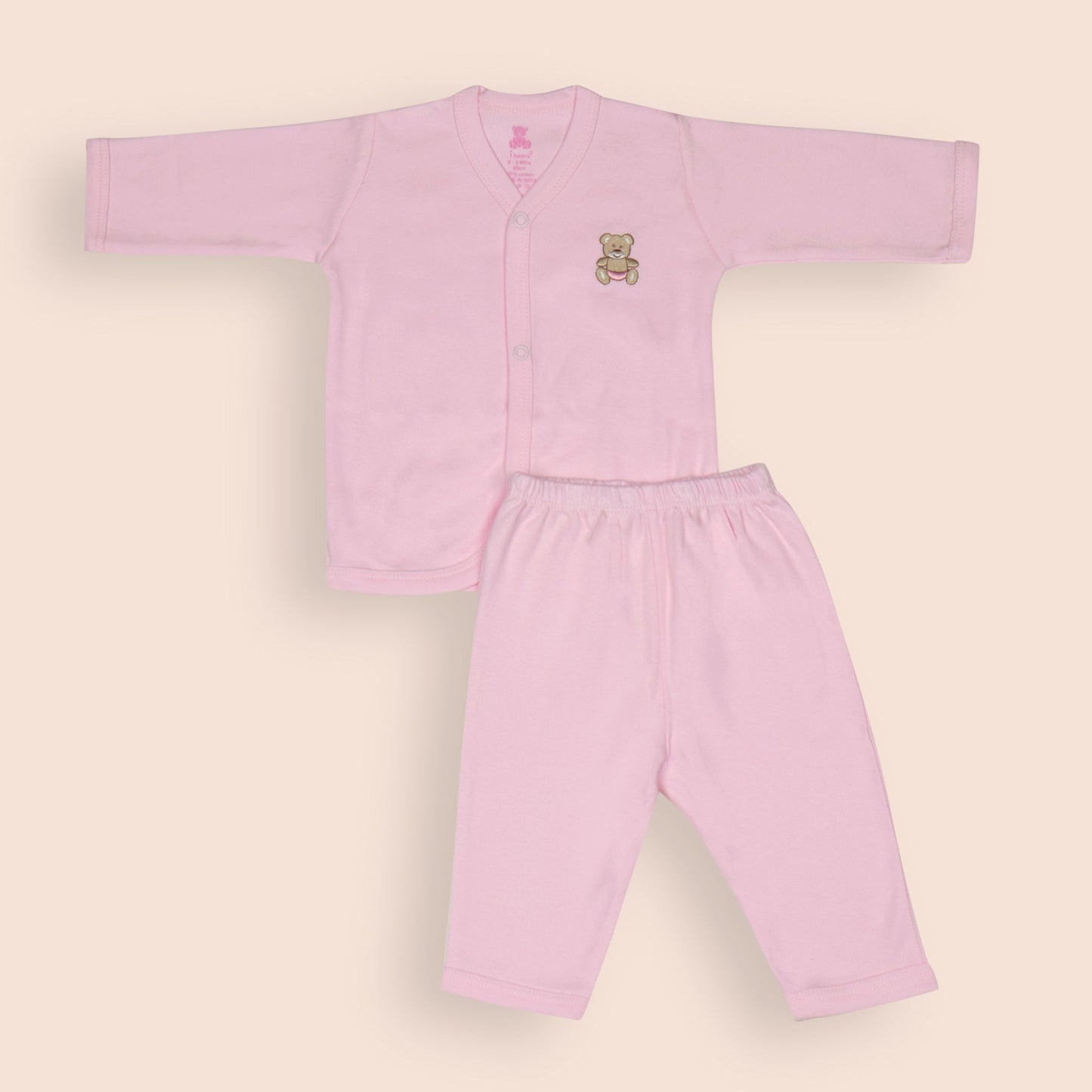Pink Cotton Newborn Baby Gift Set – Full Sleeve Button-Up Top, Elastic Waist Pants, Bib, Cap & Mittens