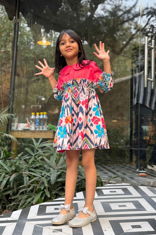 Girls' Pure Cotton Asymmetrical Colorblock Dress – Stylish, Lightweight & Comfortable