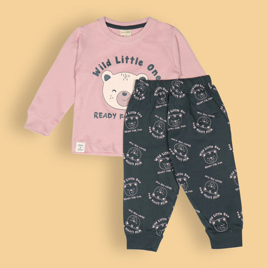 Cucumber Boys’ Pink Teddy Tee & Charcoal Joggers – Wild Little One, Ready for Fun! Soft Cotton Comfort