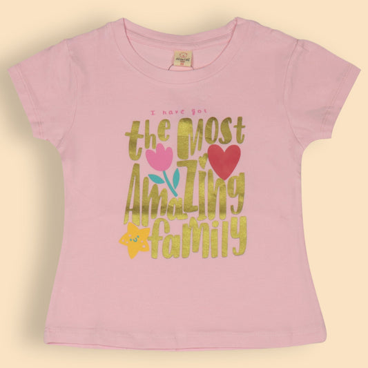 OlioKids Girls’ Soft Cotton Top – Pink,  Cap Sleeve, Family Love, Heart & Floral Print, Essentials for Happy Play