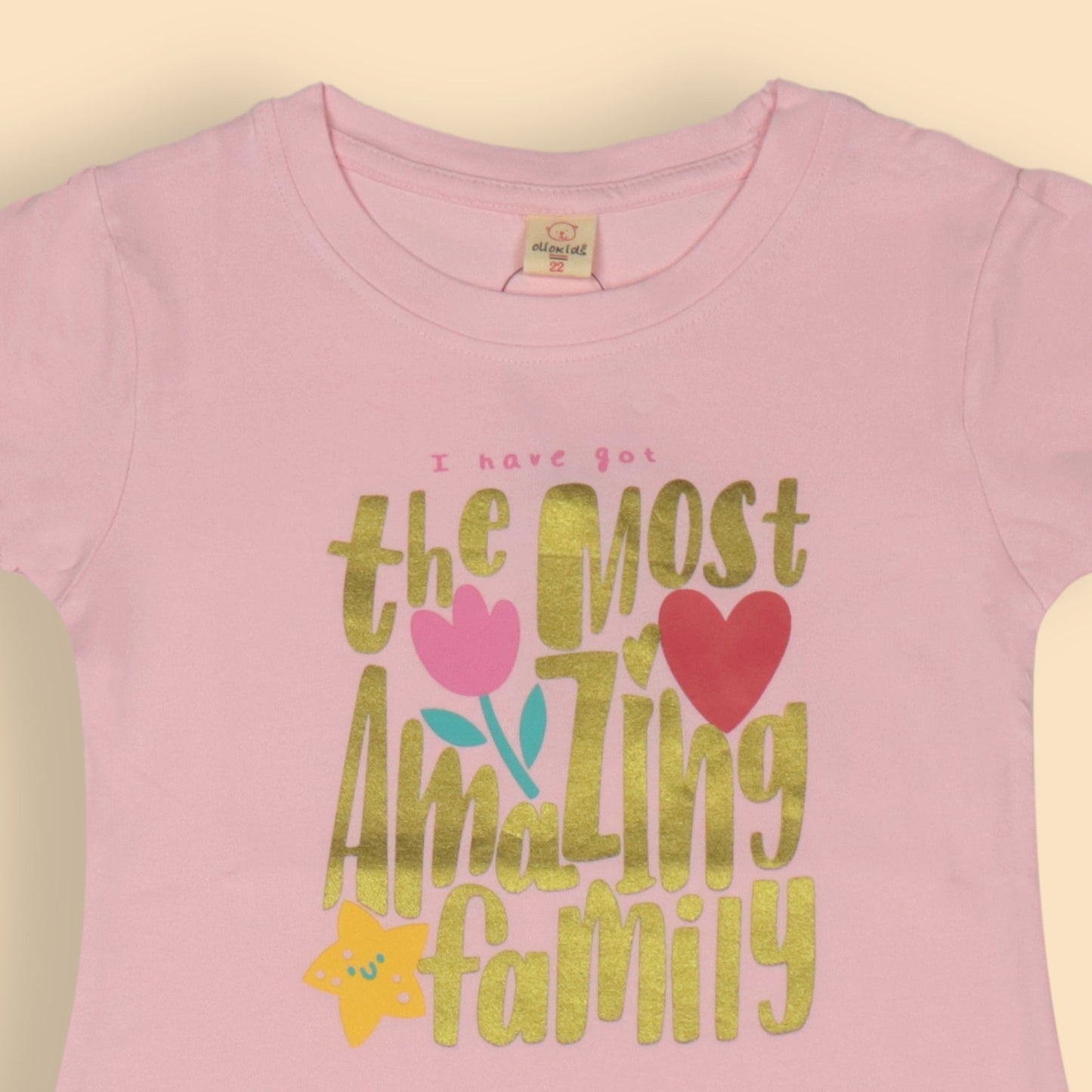 OlioKids Girls’ Soft Cotton Top – Pink,  Cap Sleeve, Family Love, Heart & Floral Print, Essentials for Happy Play