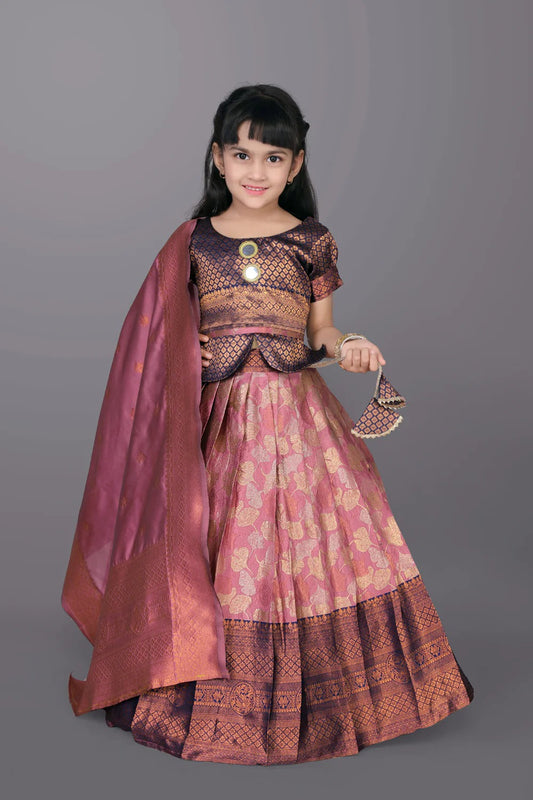 Pink Jacquard Lehenga Choli Set for Girls – Embroidered Party & Festival Wear with Dupatta