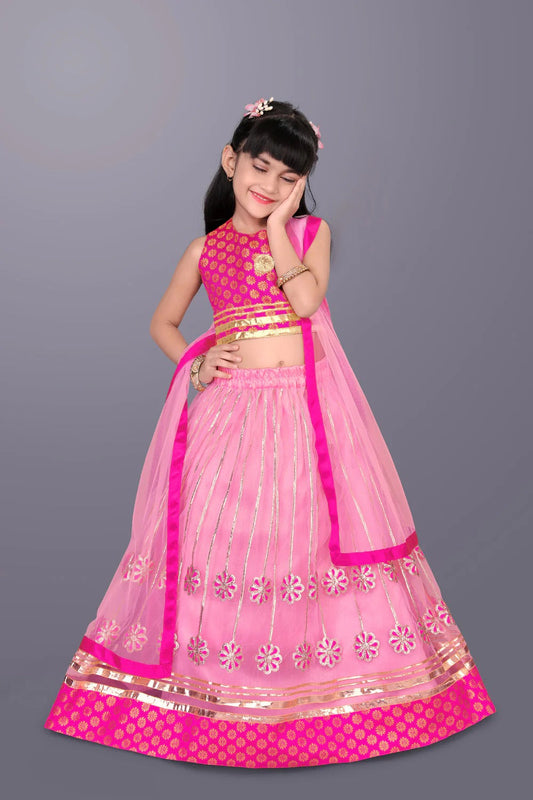 Satyam Fab Pink Embroidered Lehenga Choli Set for Girls – Sleeveless Jacquard Top with Tulle Skirt & Dupatta