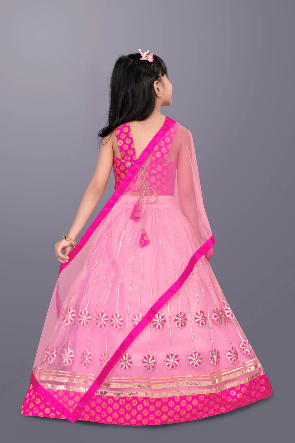 Satyam Fab Pink Embroidered Lehenga Choli Set for Girls – Sleeveless Jacquard Top with Tulle Skirt & Dupatta