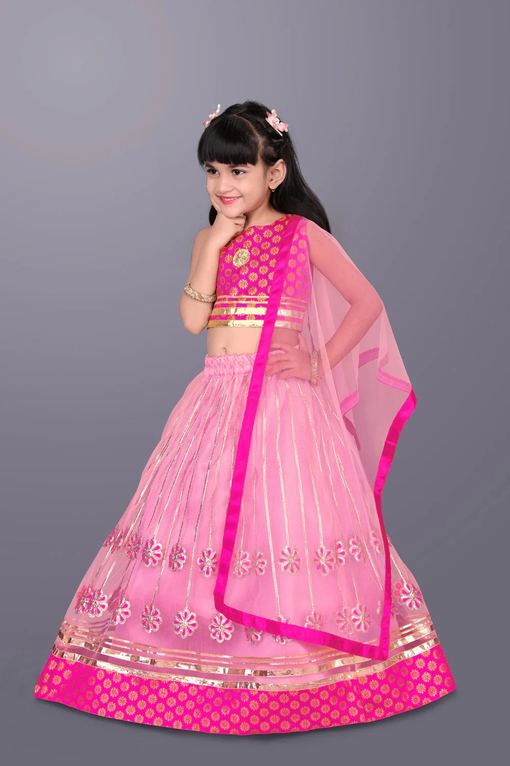 Satyam Fab Pink Embroidered Lehenga Choli Set for Girls – Sleeveless Jacquard Top with Tulle Skirt & Dupatta