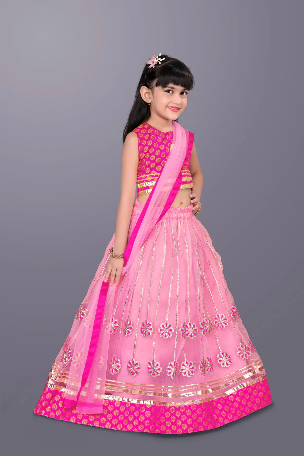 Satyam Fab Pink Embroidered Lehenga Choli Set for Girls – Sleeveless Jacquard Top with Tulle Skirt & Dupatta