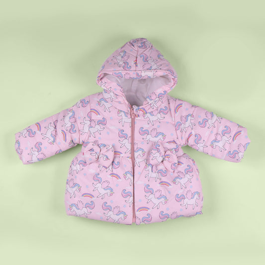 Cozy Girls Hooded Quilted Jacket in Pink by Little Kangaroos | All-Over Print Winter Wear