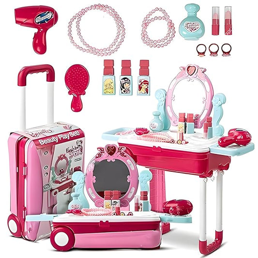 Beauty Makeup Kit for Doll – 2-in-1 Vanity Table & Trolley Pretend Playset