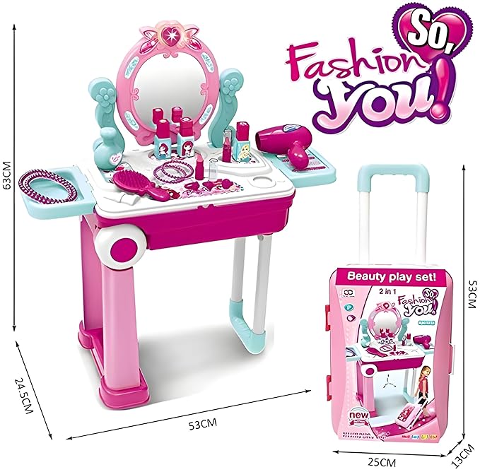 Beauty Makeup Kit for Doll – 2-in-1 Vanity Table & Trolley Pretend Playset