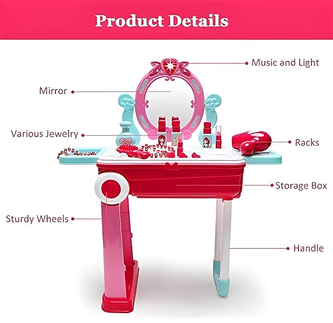 Beauty Makeup Kit for Doll – 2-in-1 Vanity Table & Trolley Pretend Playset