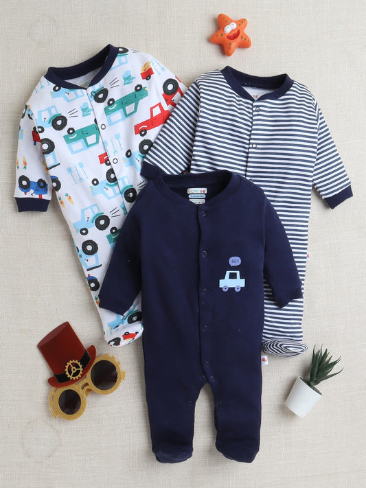 Bumzee’s 3-set cotton bodysuits: full sleeves and footed comfort in white & navy blue for all seasons!