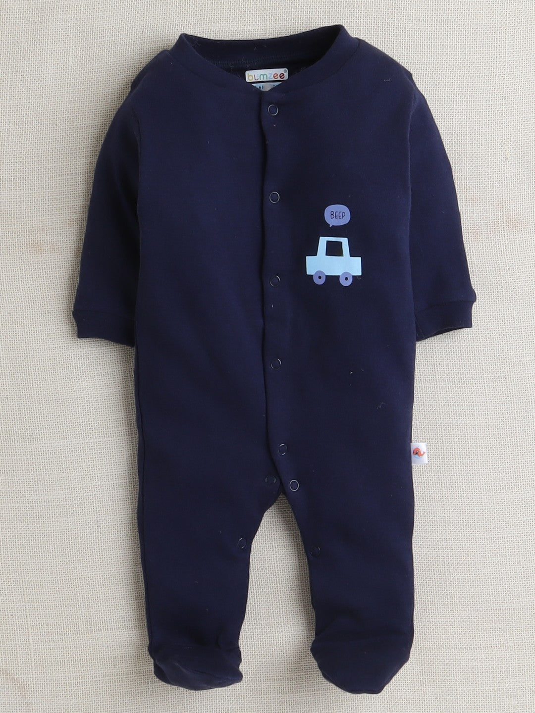 Bumzee’s 3-set cotton bodysuits: full sleeves and footed comfort in white & navy blue for all seasons!