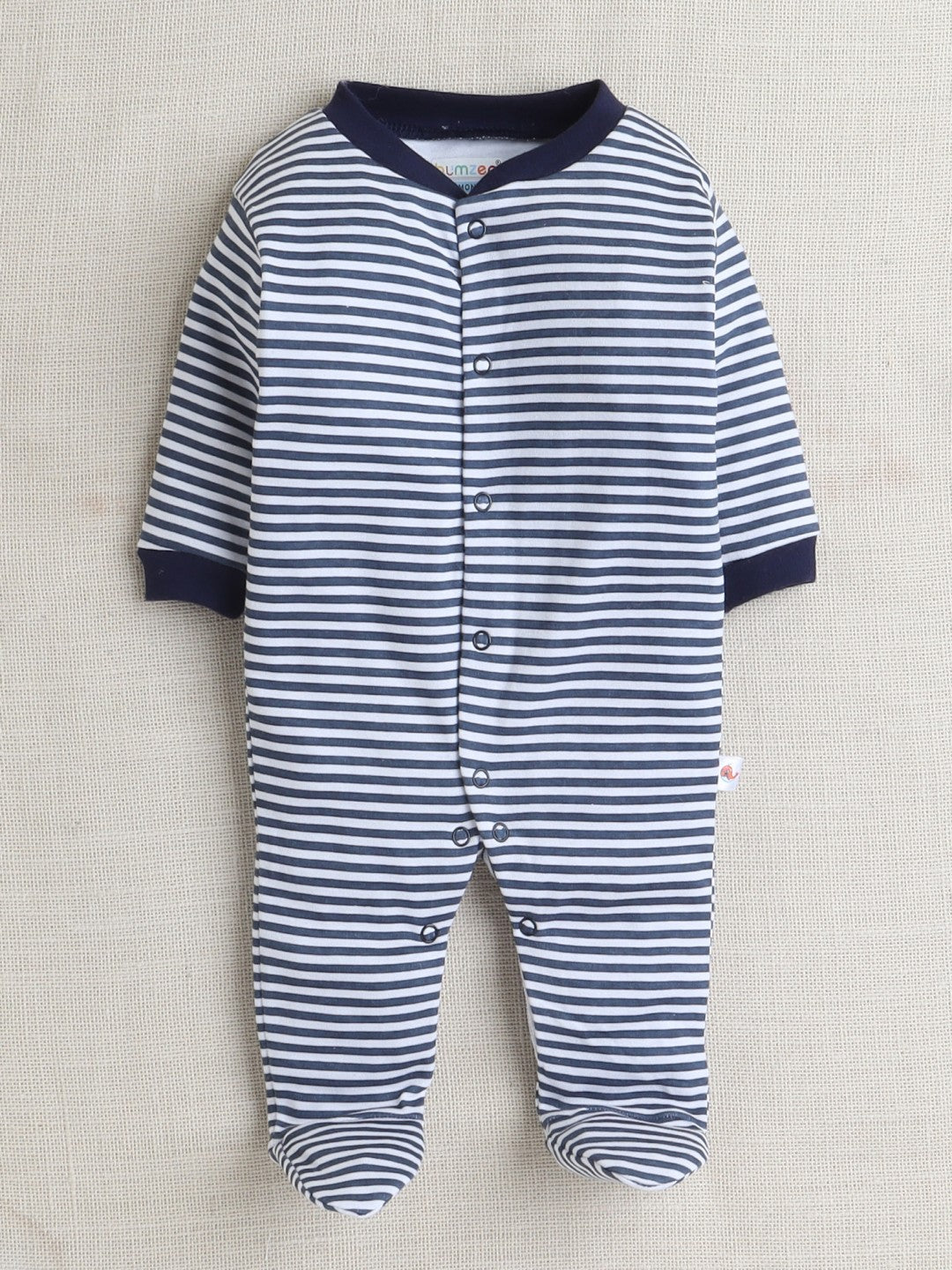 Bumzee’s 3-set cotton bodysuits: full sleeves and footed comfort in white & navy blue for all seasons!