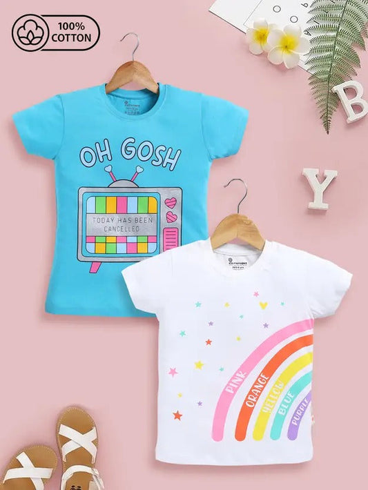 Girls’ Smart Outdoor Cotton Tees – White & Blue Printed Pack (2)