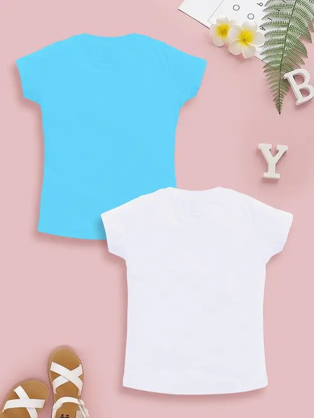 Girls’ Smart Outdoor Cotton Tees – White & Blue Printed Pack (2)