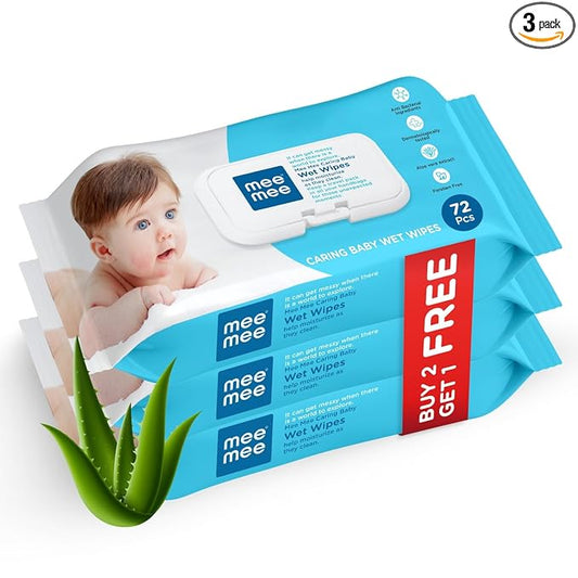 Mee Mee Caring Baby Wet Wipes with Lid – Aloe Vera, Pack of 3 (72 Wipes Each