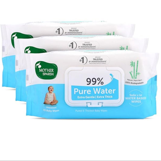 Mother Sparsh 99% Pure Water Baby Wipes, Unscented, Plant-Based, Super Thick, 72 pcs x 3 (Pack of 3)