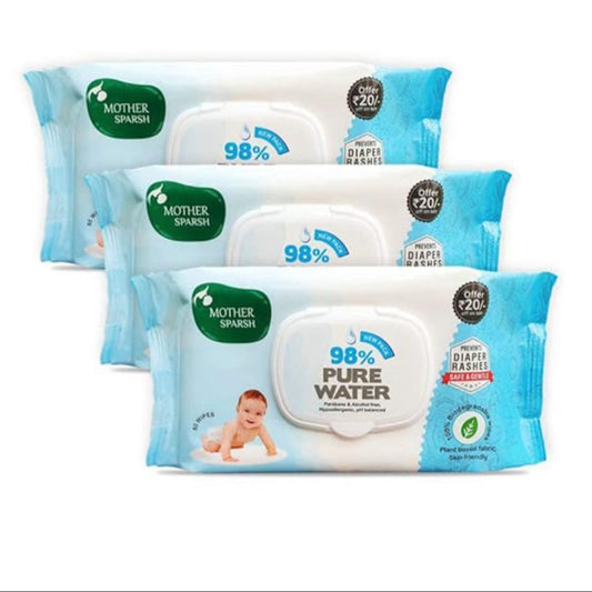 Mother Sparsh 98% Water Baby Wipes, Plant-Based, 80 pcs with Lid, Pack of 3