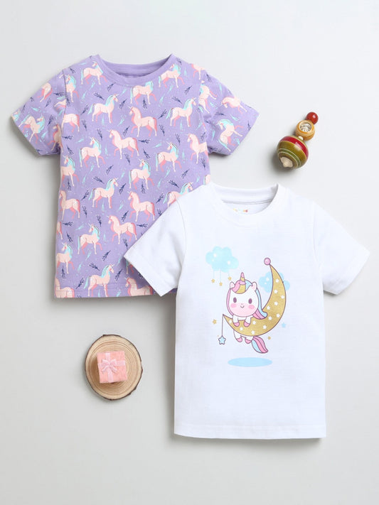 Stay comfy and cute all year with Bumzee’s girls’ T-shirt duo in white and purple prints!