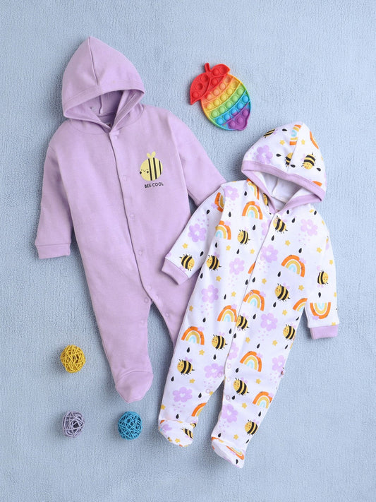 Bumzee’s 2-pack cotton bodysuits: full sleeves, hooded fun, and “BEE COOL” charm to wear!