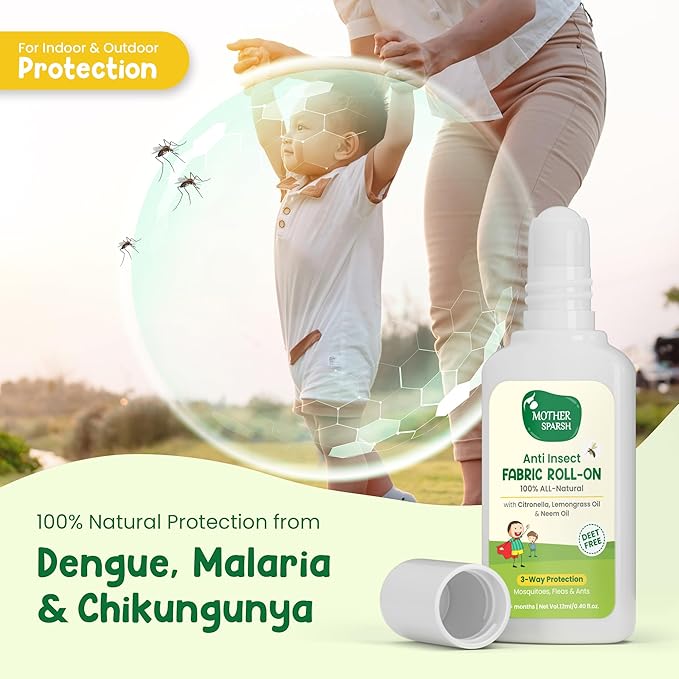 Mother Sparsh Natural Mosquito Repellent Fabric Roll-On, Babies, 3-Way Protection, 12ml