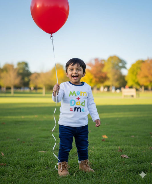 Ollypop Unisex White Full Sleeve T-Shirt – Breathable Summer Essential with "Mom + Dad = Me" Print