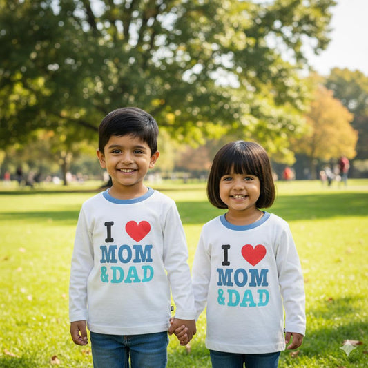 Ollypop Unisex White Full Sleeve T-Shirt – Breathable Summer Essential with "I ♥️ MOM & DAD" Print