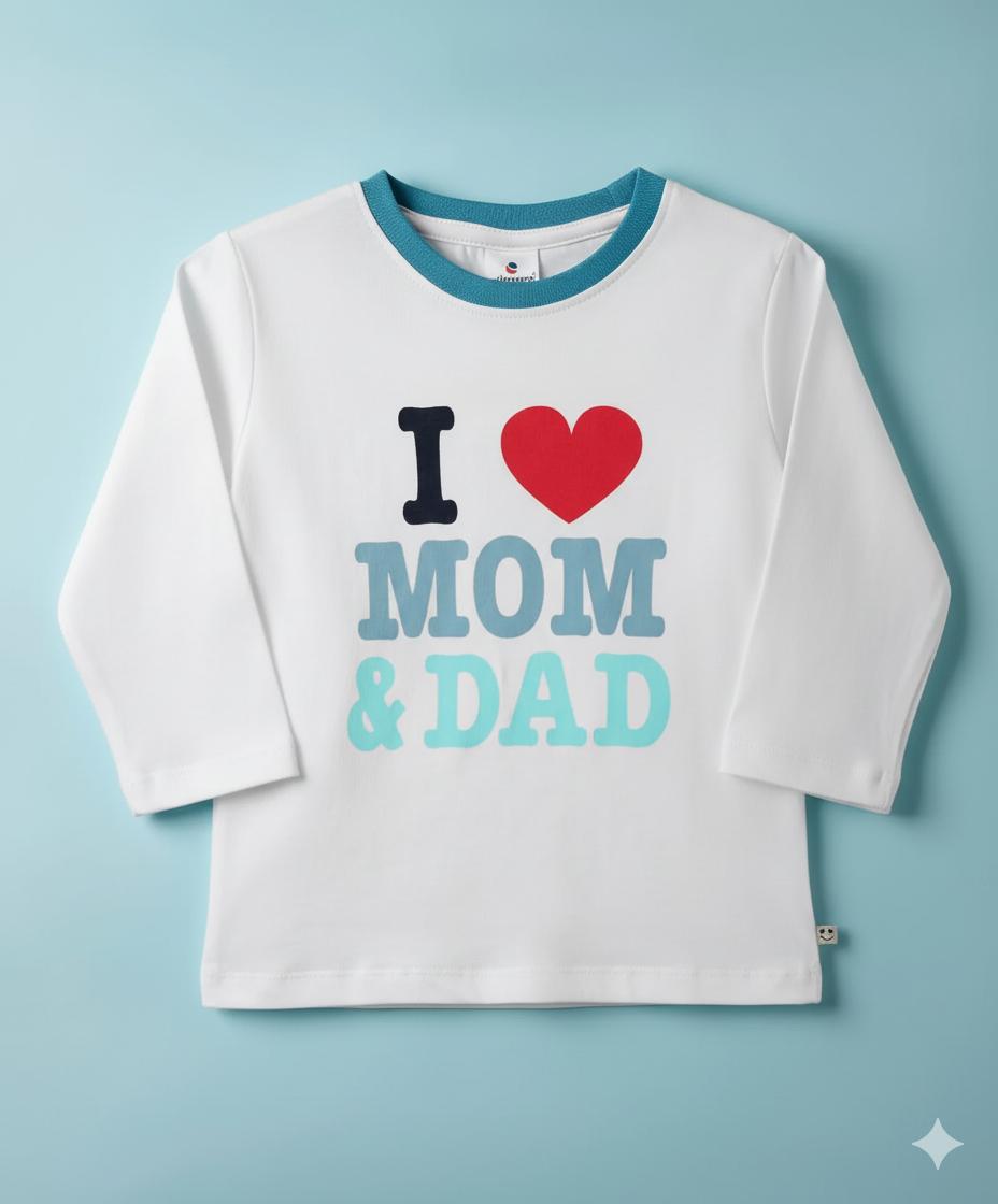 Ollypop Unisex White Full Sleeve T-Shirt – Breathable Summer Essential with "I ♥️ MOM & DAD" Print