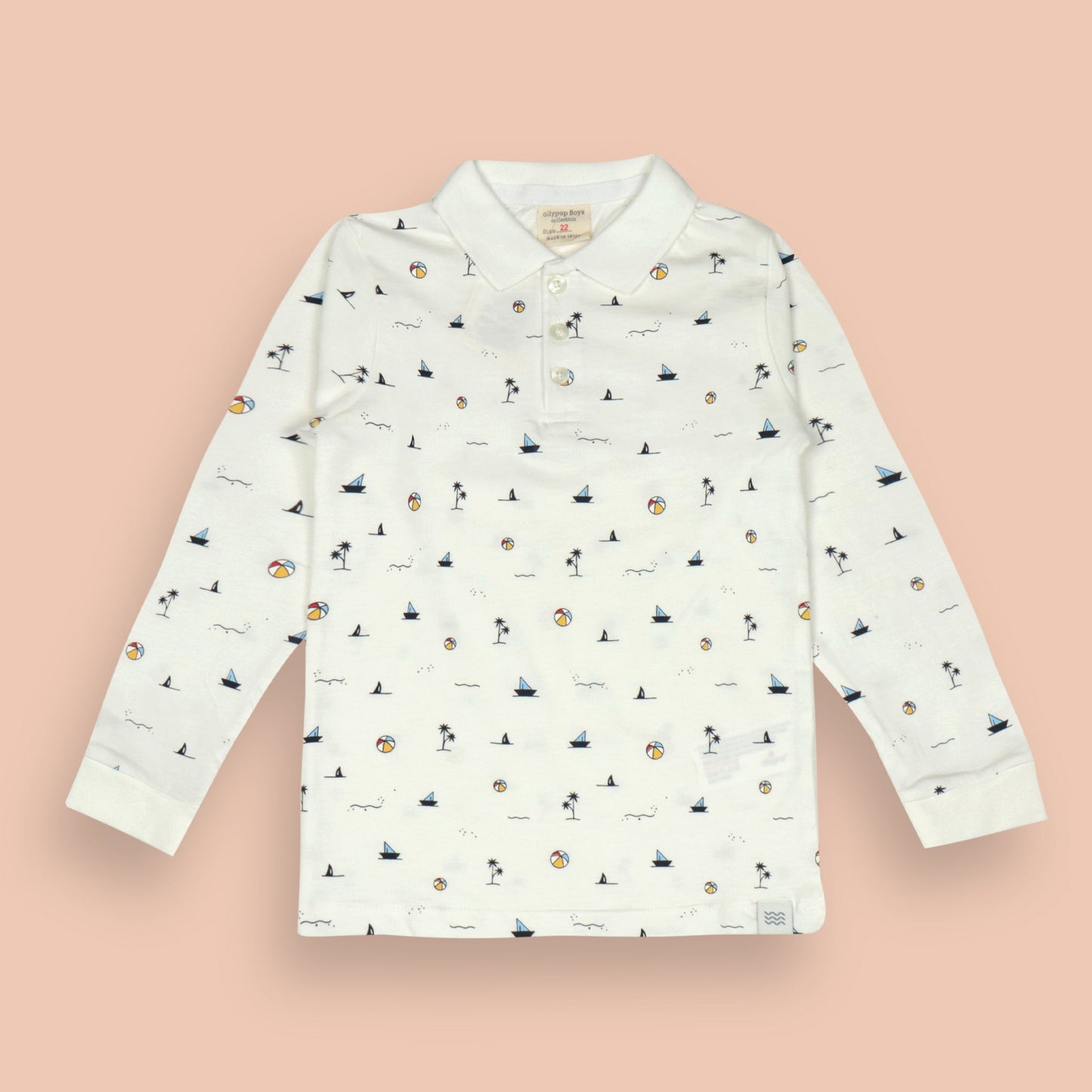 Ollypop Boys’ White Full Sleeve Collar T-Shirt – Breathable Pre-Winter & Monsoon Essential with All-Over Beach Vibes Print