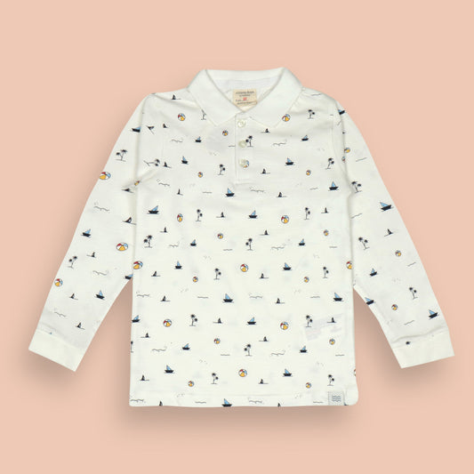 Ollypop Boys’ White Full Sleeve Collar T-Shirt – Breathable Pre-Winter & Monsoon Essential with All-Over Beach Vibes Print
