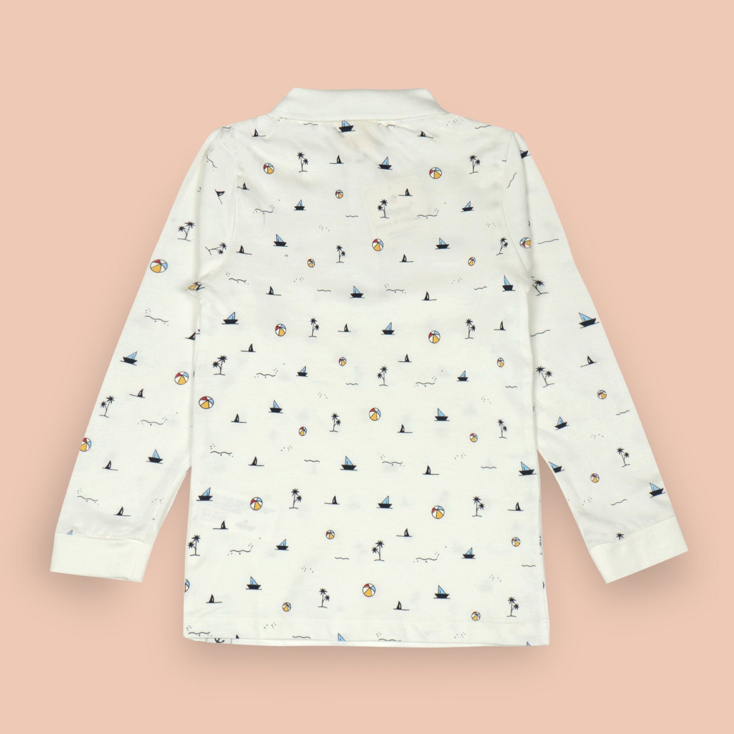Ollypop Boys’ White Full Sleeve Collar T-Shirt – Breathable Pre-Winter & Monsoon Essential with All-Over Beach Vibes Print