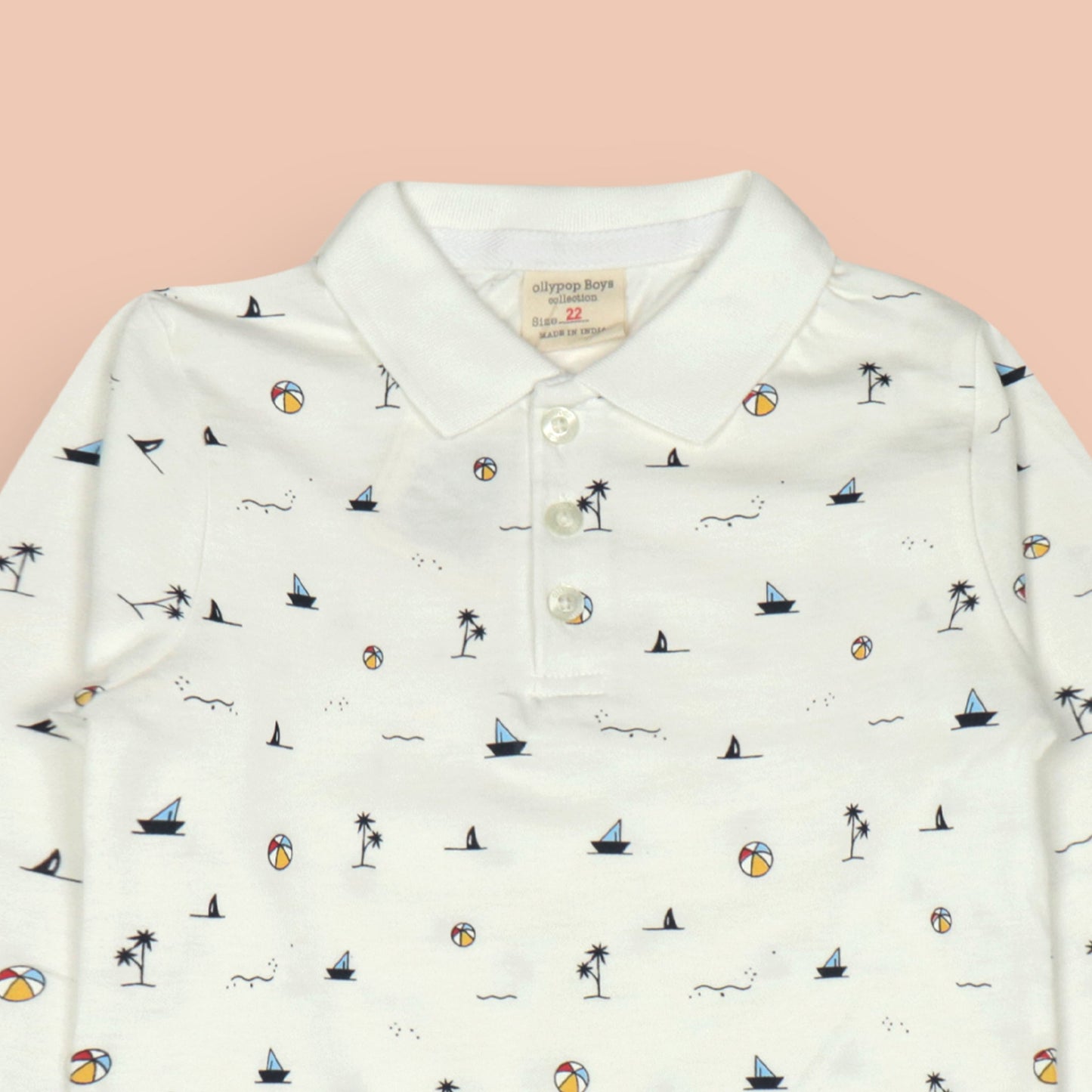 Ollypop Boys’ White Full Sleeve Collar T-Shirt – Breathable Pre-Winter & Monsoon Essential with All-Over Beach Vibes Print
