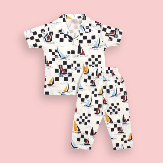Off White Unisex Nightwear Set with Collared Button-Up T-Shirt and Full-Length Pyjamas