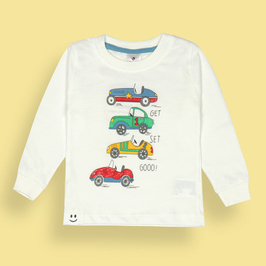 Ollypop White Full Sleeve T-Shirt – For Boys Who Like to Zoom Past Boring, “Get Set Go!” Mode Activated