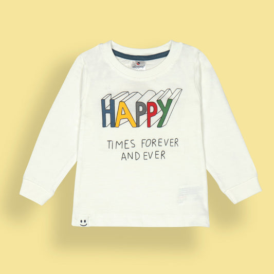 Ollypop White Full Sleeve Boys’ T-Shirt – “HAPPY Times Forever And Ever” Slogan, Comfy Sinker Fabric, Everyday Smiles