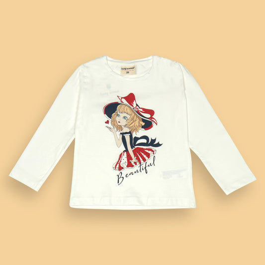 Cool Ollypop Girl White 'Beautiful' Placement Print Cotton Full Sleeve T-Shirt