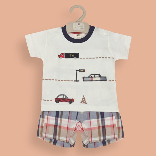 Toffyhouse Boys’ White Vehicle Print Set – Soft Cotton Half Sleeve Tee and Pull-On Shorts, Perfect for Smart Outdoor Fun