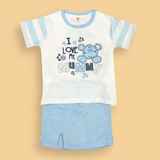 Toffyhouse Boys' White Sensory Z Cotton Set – Embroidered "I Love My Mummy" Half Sleeve T-Shirt & Comfort Fit Shorts