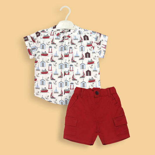Toffyhouse Soft Cotton Boys’ Set – White, Sea theme, Mandarin Collar, Half Sleeves