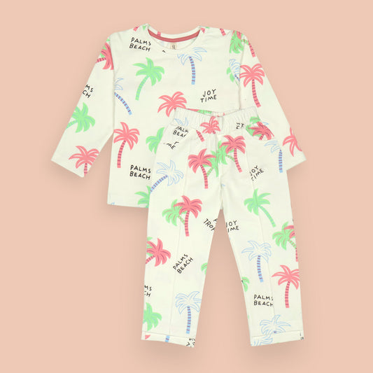 Orrigany White T-Shirt & Pant Set – Soft Sinker Fabric, Full Sleeves, Coconut Trees Print with Joyful “Palms Beach” Text