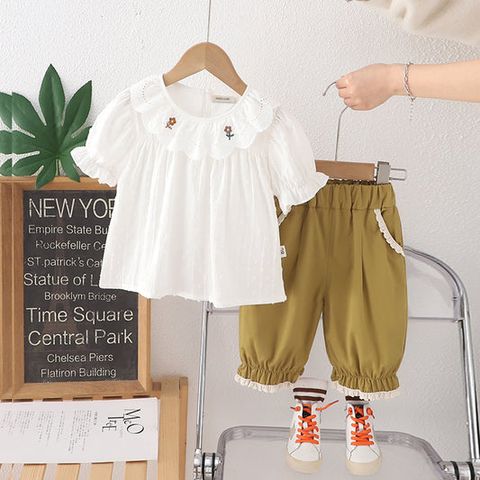 Girls White Short Sleeves Top With Khaki
 
 Pants Set