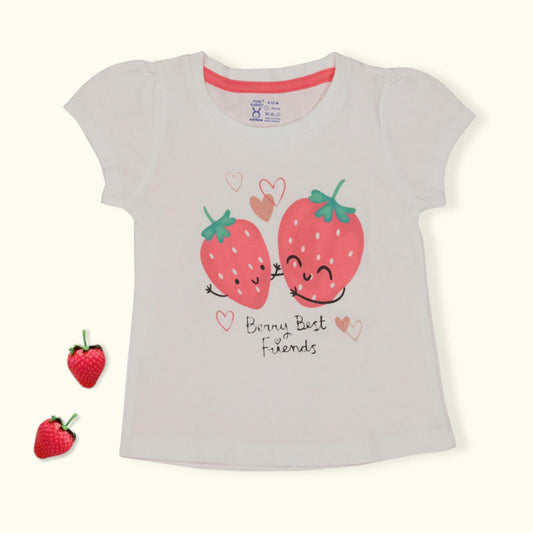 Girls' Playful Strawberry & Heart Print T-Shirt by Pink Rabbit – Summer Essential (Off-white)