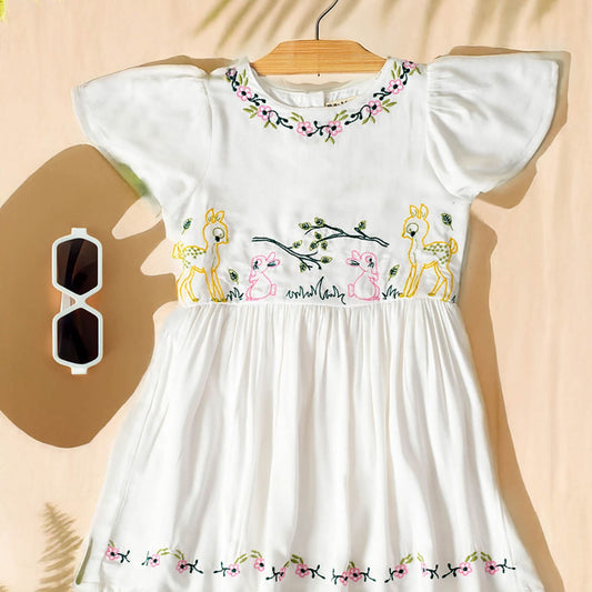 Bella Moda Girls White Printed Cotton Cap Sleeve Dress