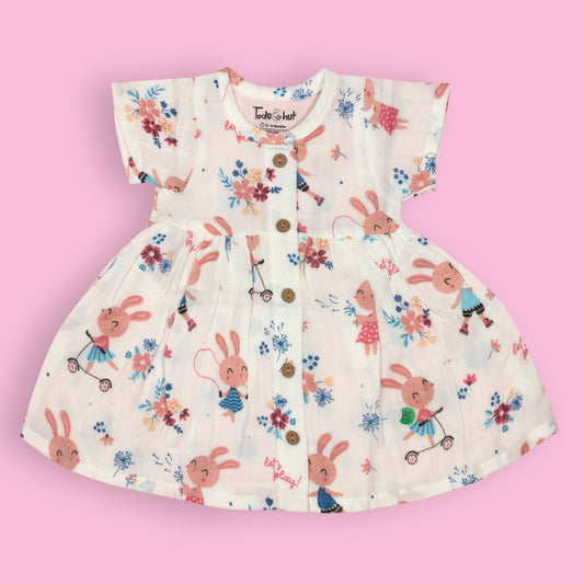 Stylish Sweet Bunny Playtime Frock by Tod’s Hut – Soft White Muslin One-Piece Dress for Warm Days